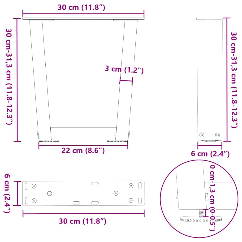vidaXL Coffee Table Legs V-Shape 2 pcs Black 30x(30-31.3) cm Steel