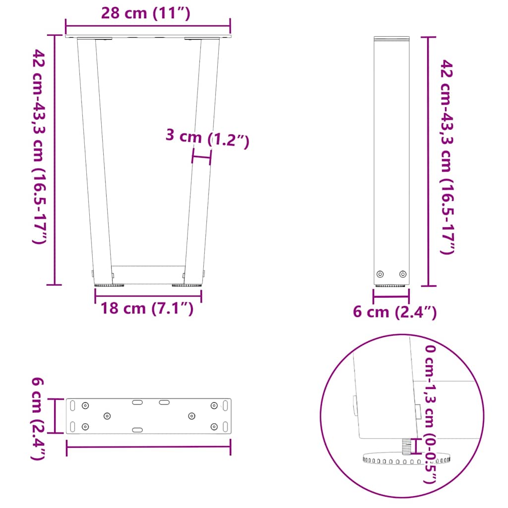 vidaXL Coffee Table Legs V-Shape 2 pcs Black 28x(42-43.3) cm Steel
