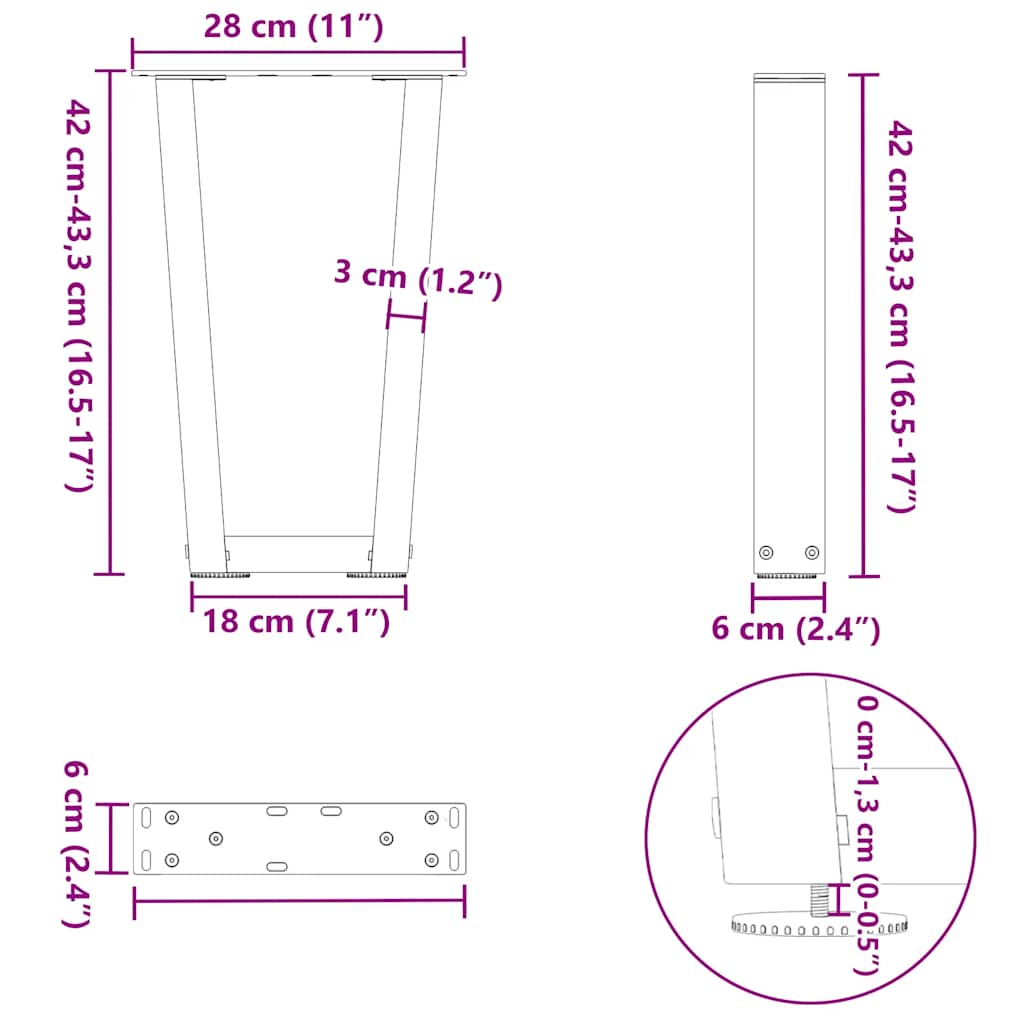 vidaXL Coffee Table Legs V-Shape 2 pcs Black 28x(42-43.3) cm Steel