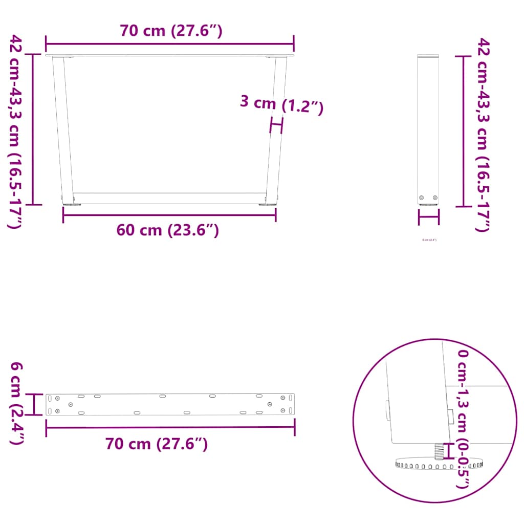 vidaXL Coffee Table Legs V-Shape 2 pcs Black 70x(42-43.3) cm Steel