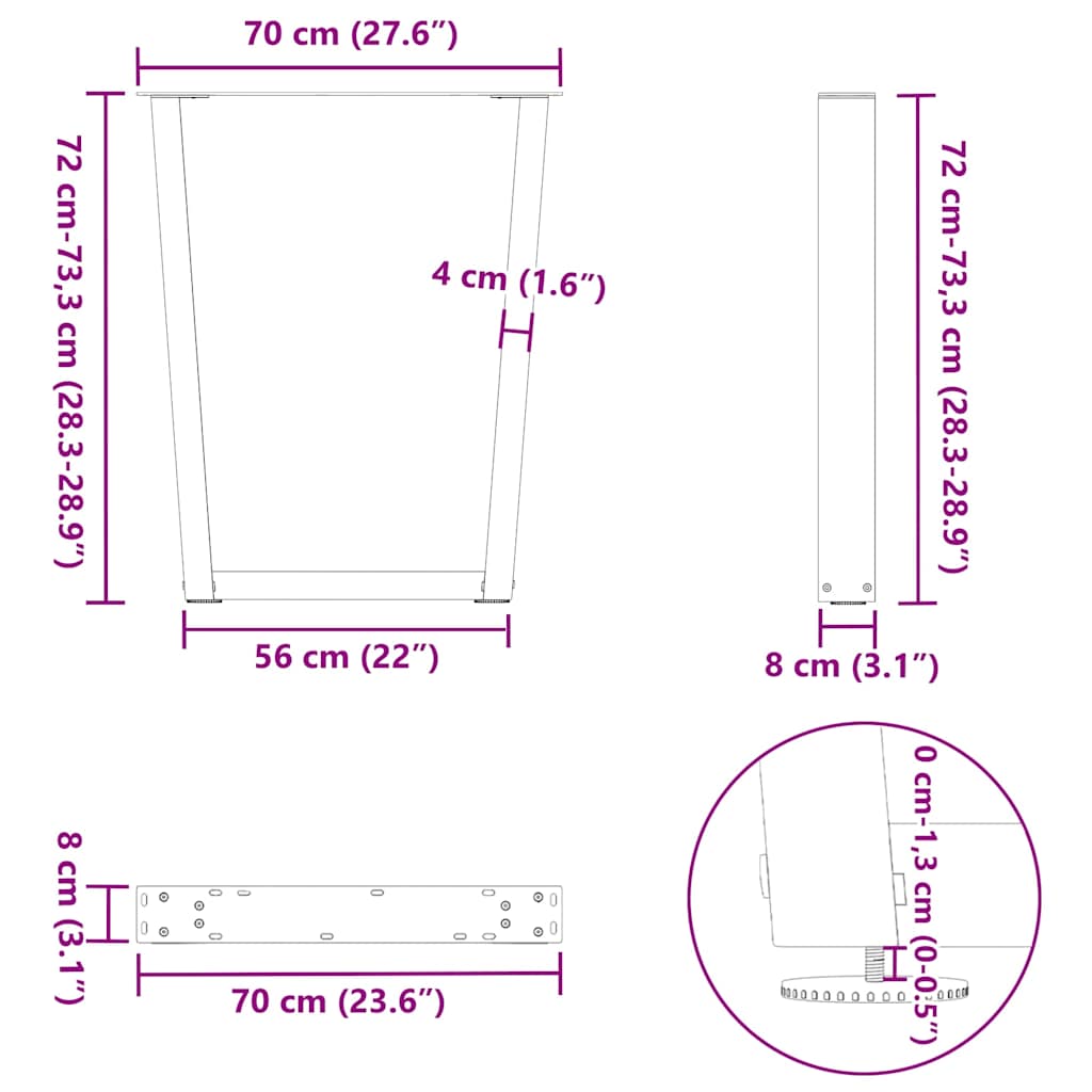 vidaXL Dining Table Legs V-Shape 2 pcs Black 70x(72-73.3) cm Steel