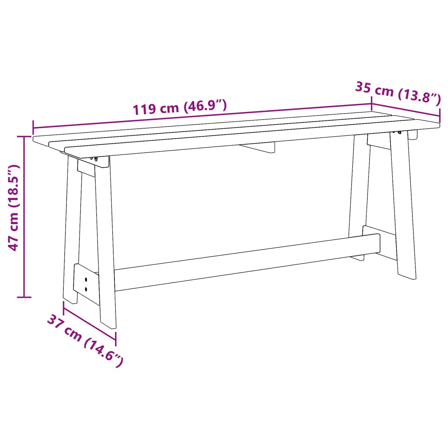 vidaXL Outdoor Bench Natural 119 x 37 x 47 cm Solid Pine Wood