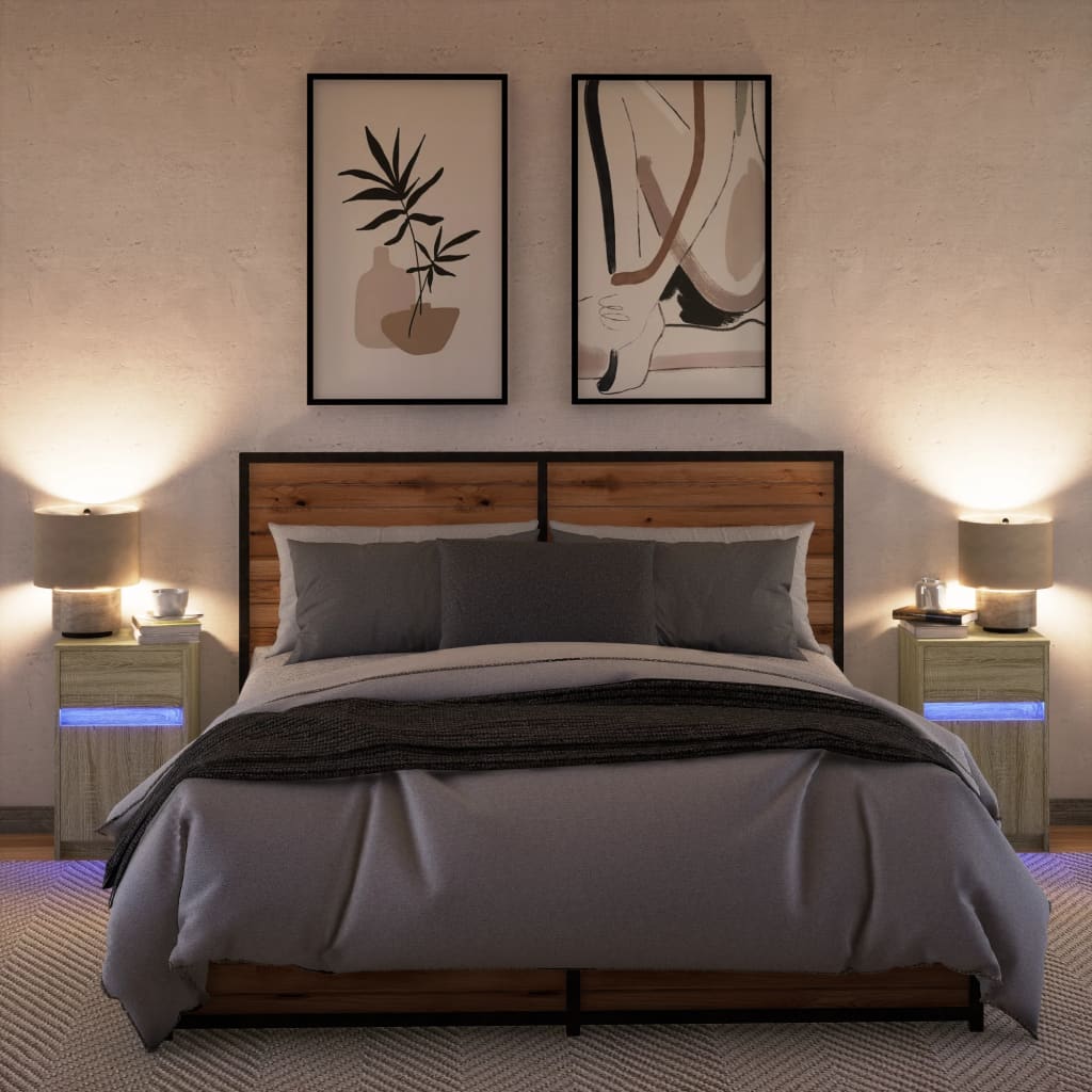 vidaXL Bedside Cabinets with LED Lights 2 pcs Sonoma Oak Engineered Wood