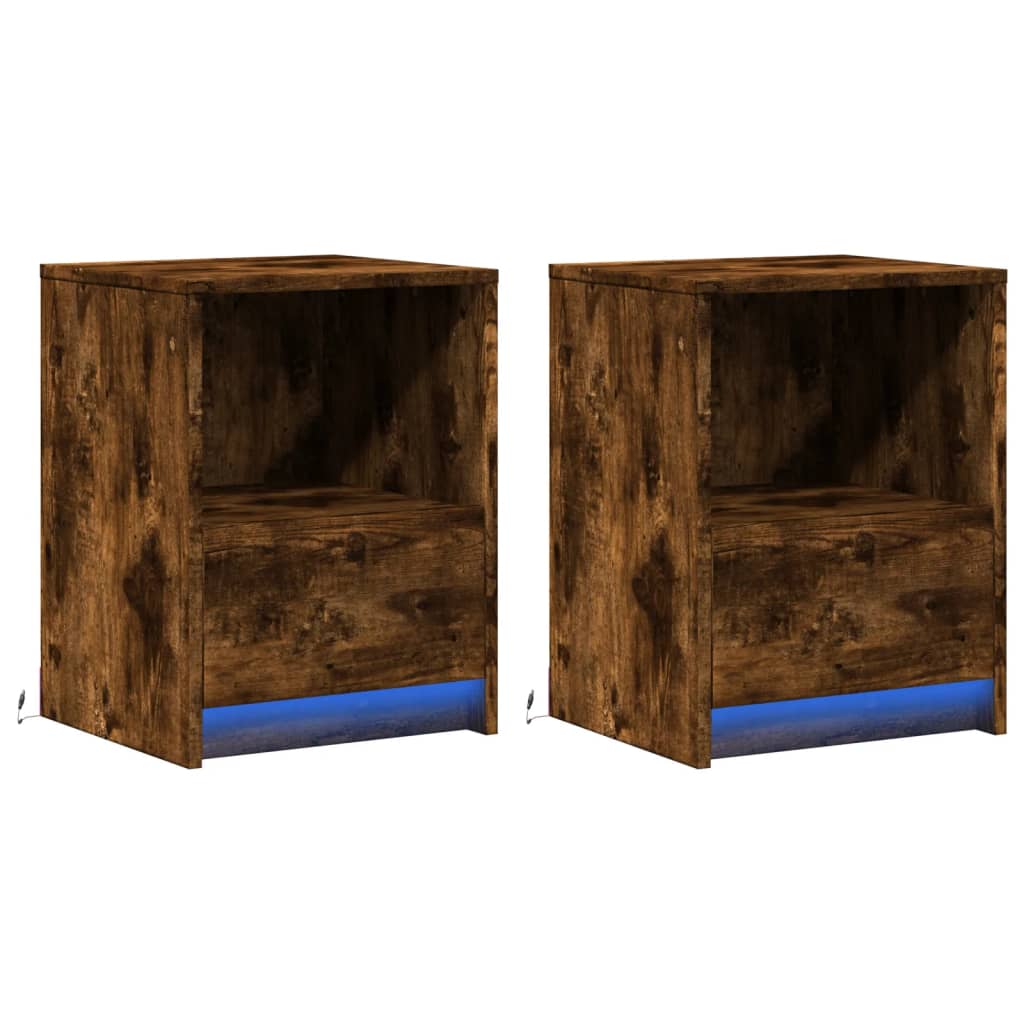vidaXL Bedside Cabinets with LED Lights 2 pcs Smoked Oak Engineered Wood
