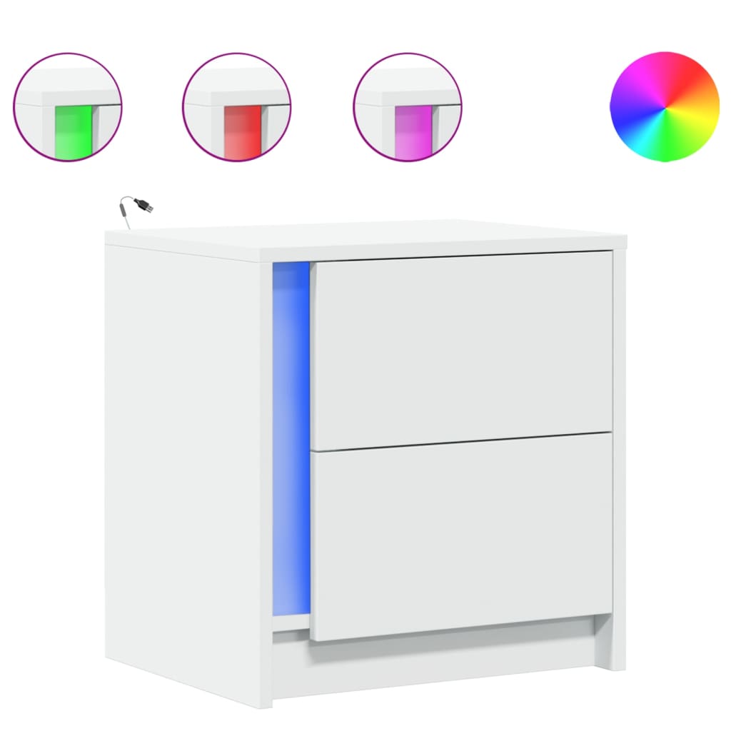 vidaXL Bedside Cabinet with LED Lights White Engineered Wood