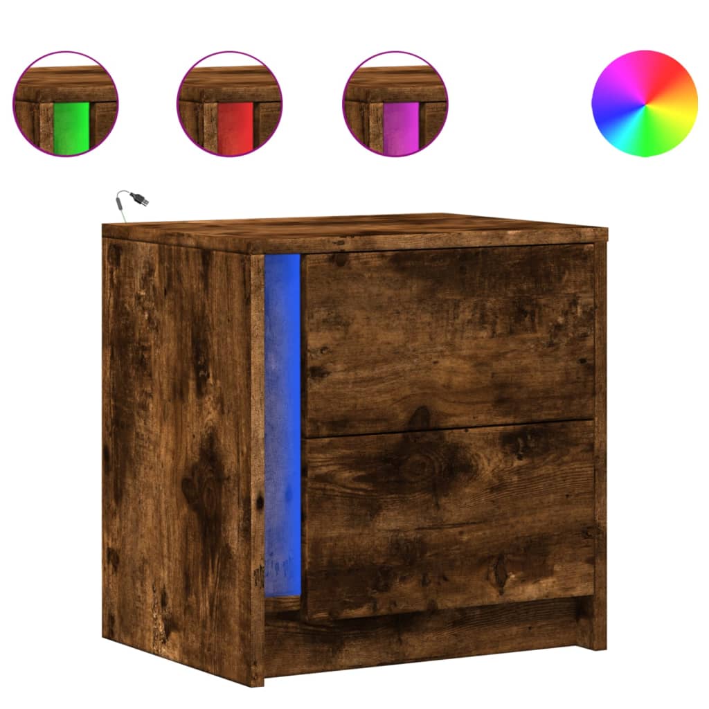vidaXL Bedside Cabinet with LED Lights Smoked Oak Engineered Wood