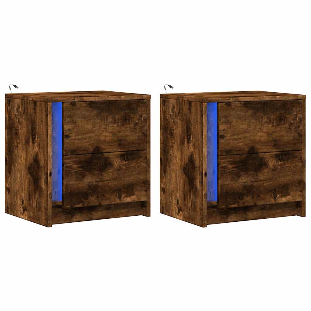 vidaXL Bedside Cabinets with LED Lights 2 pcs Smoked Oak Engineered Wood