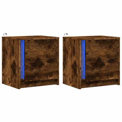 vidaXL Bedside Cabinets with LED Lights 2 pcs Smoked Oak Engineered Wood