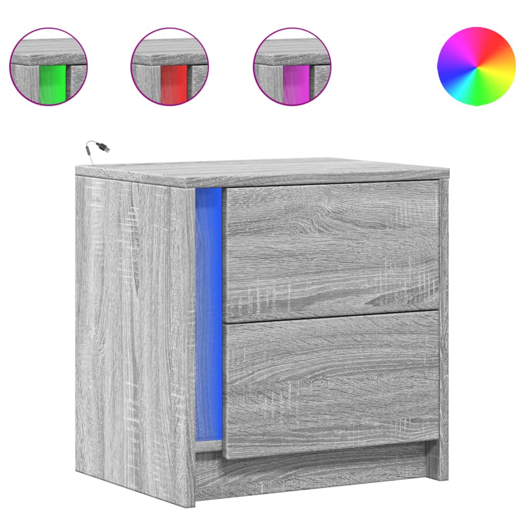 vidaXL Bedside Cabinets with LED Lights 2 pcs Grey Sonoma Engineered Wood