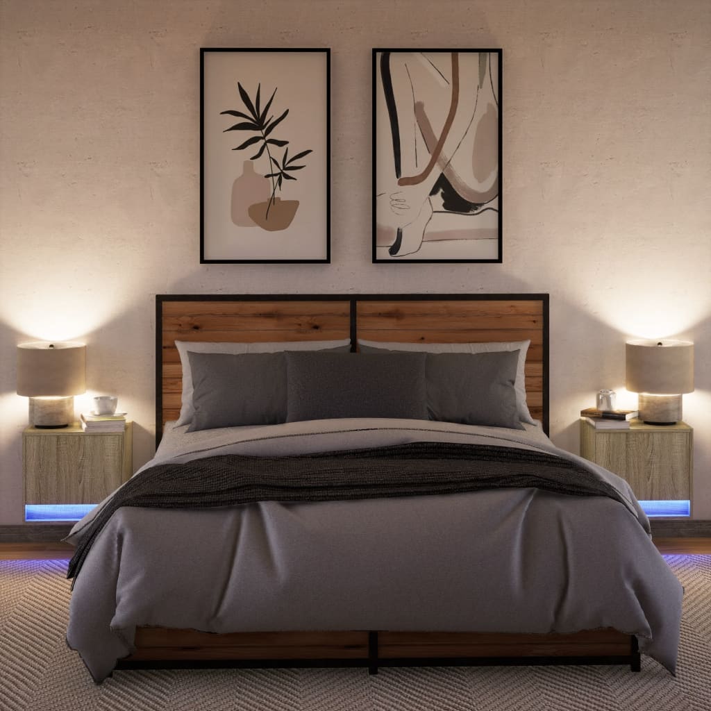 vidaXL Wall-mounted Bedside Cabinets with LED Lights 2 pcs Sonoma Oak