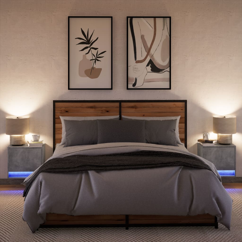 vidaXL Wall-mounted Bedside Cabinets with LED 2 pcs Concrete Grey
