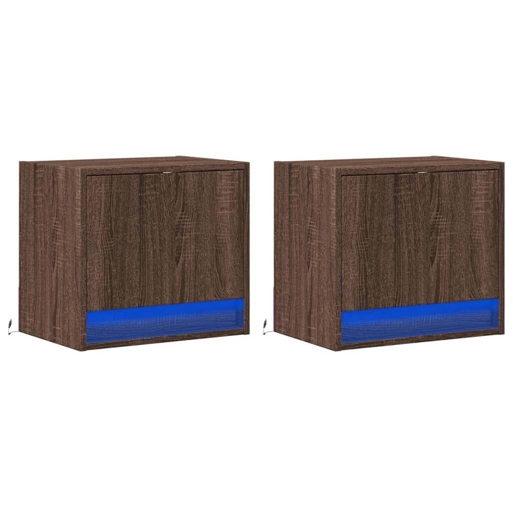 vidaXL Wall-mounted Bedside Cabinets with LED Lights 2 pcs Brown Oak