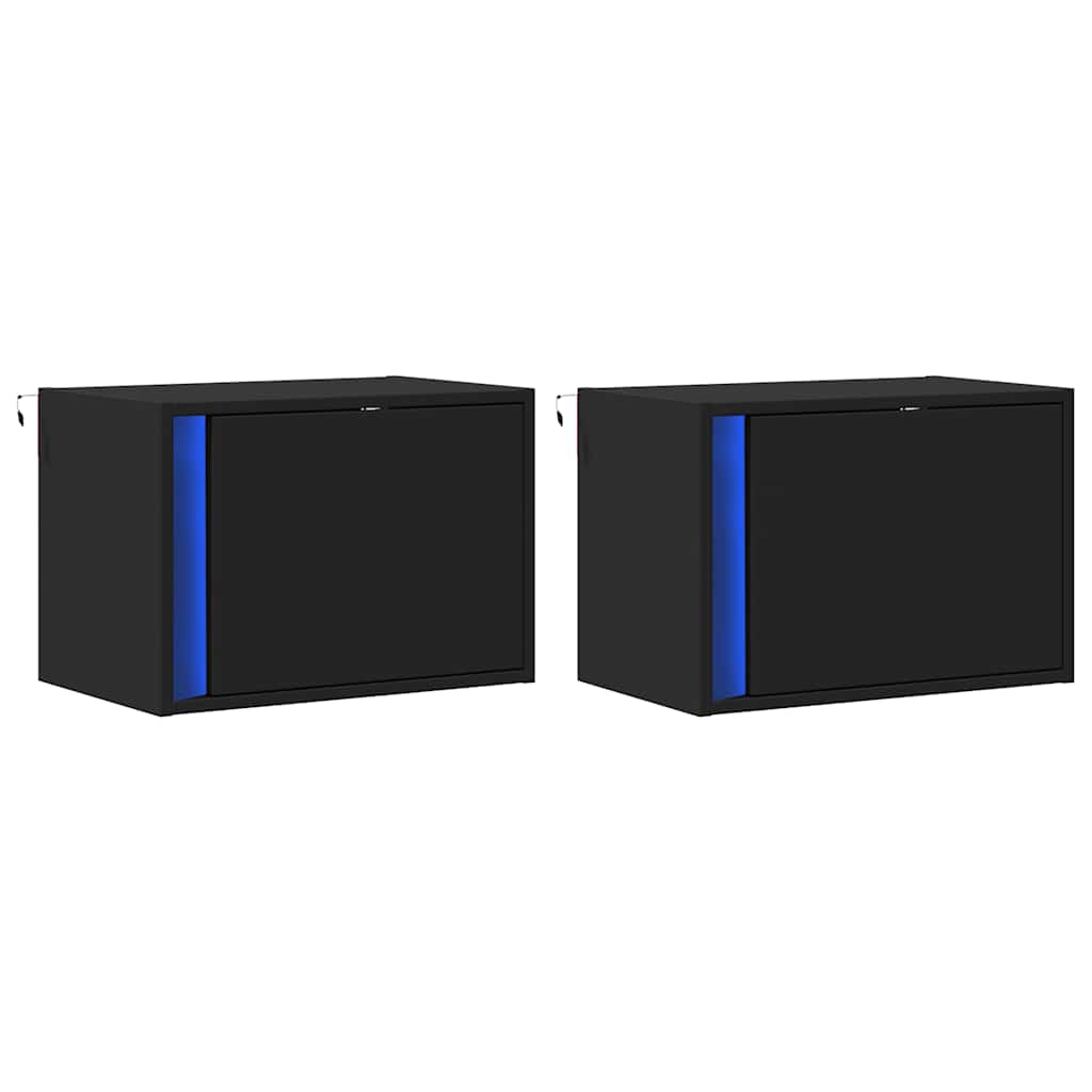 vidaXL Wall-mounted Bedside Cabinets with LED Lights 2 pcs Black