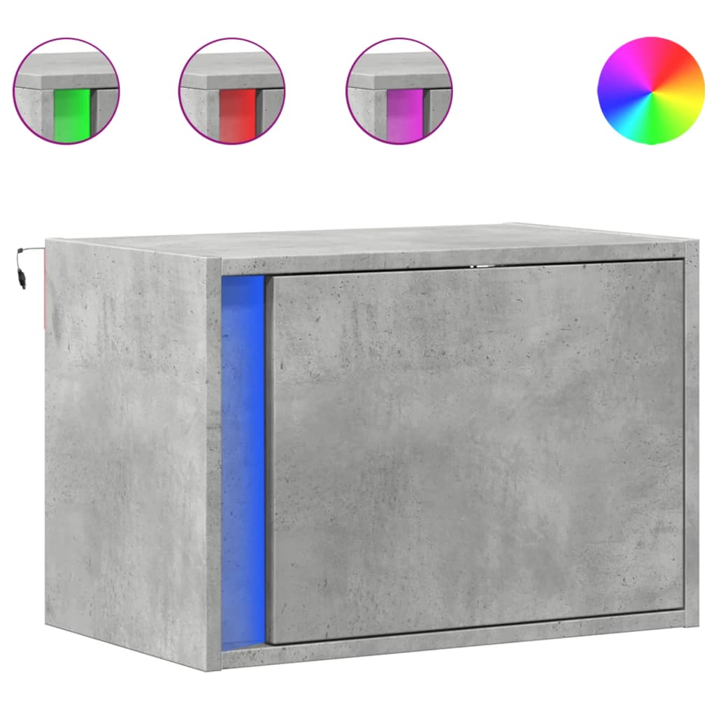 vidaXL Wall-mounted Bedside Cabinet with LED Lights Concrete Grey