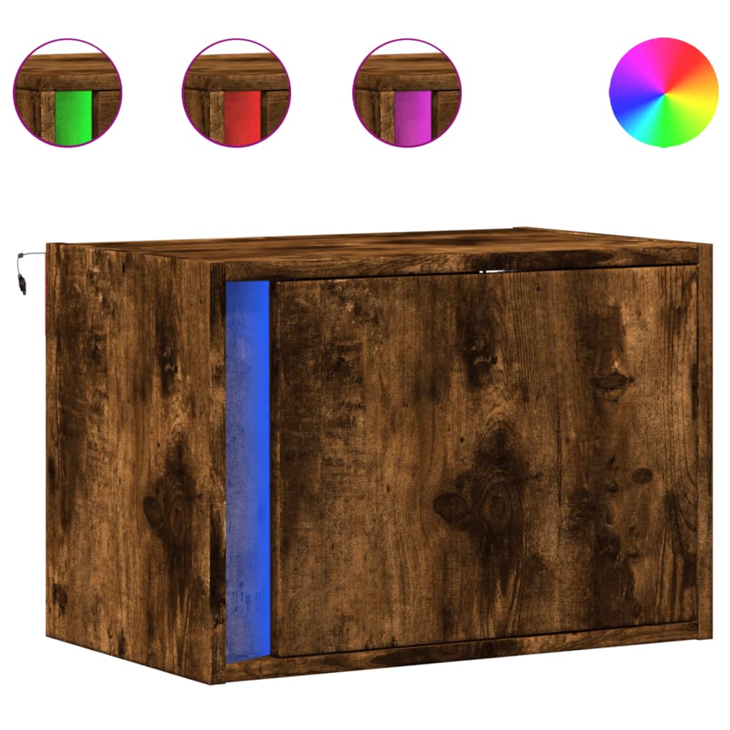 vidaXL Wall-mounted Bedside Cabinet with LED Lights Smoked Oak