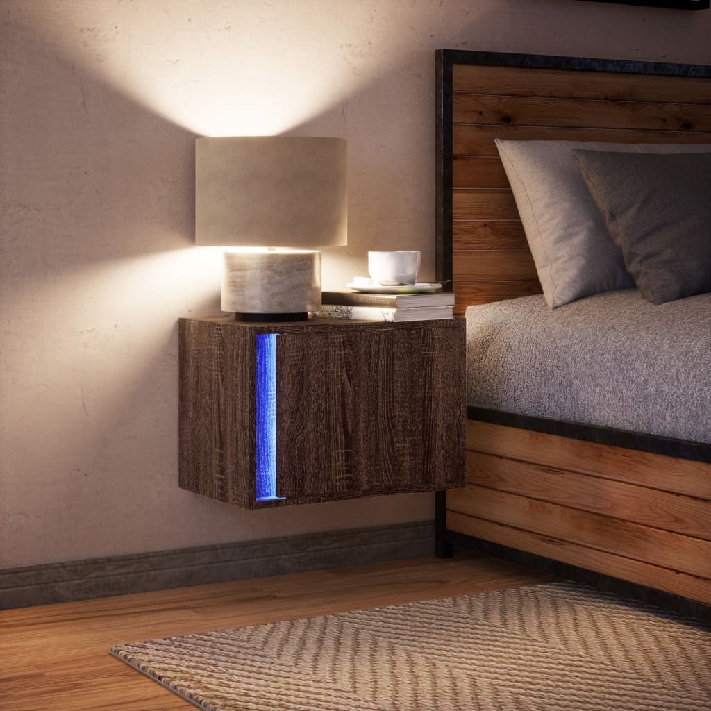 vidaXL Wall-mounted Bedside Cabinet with LED Lights Brown Oak