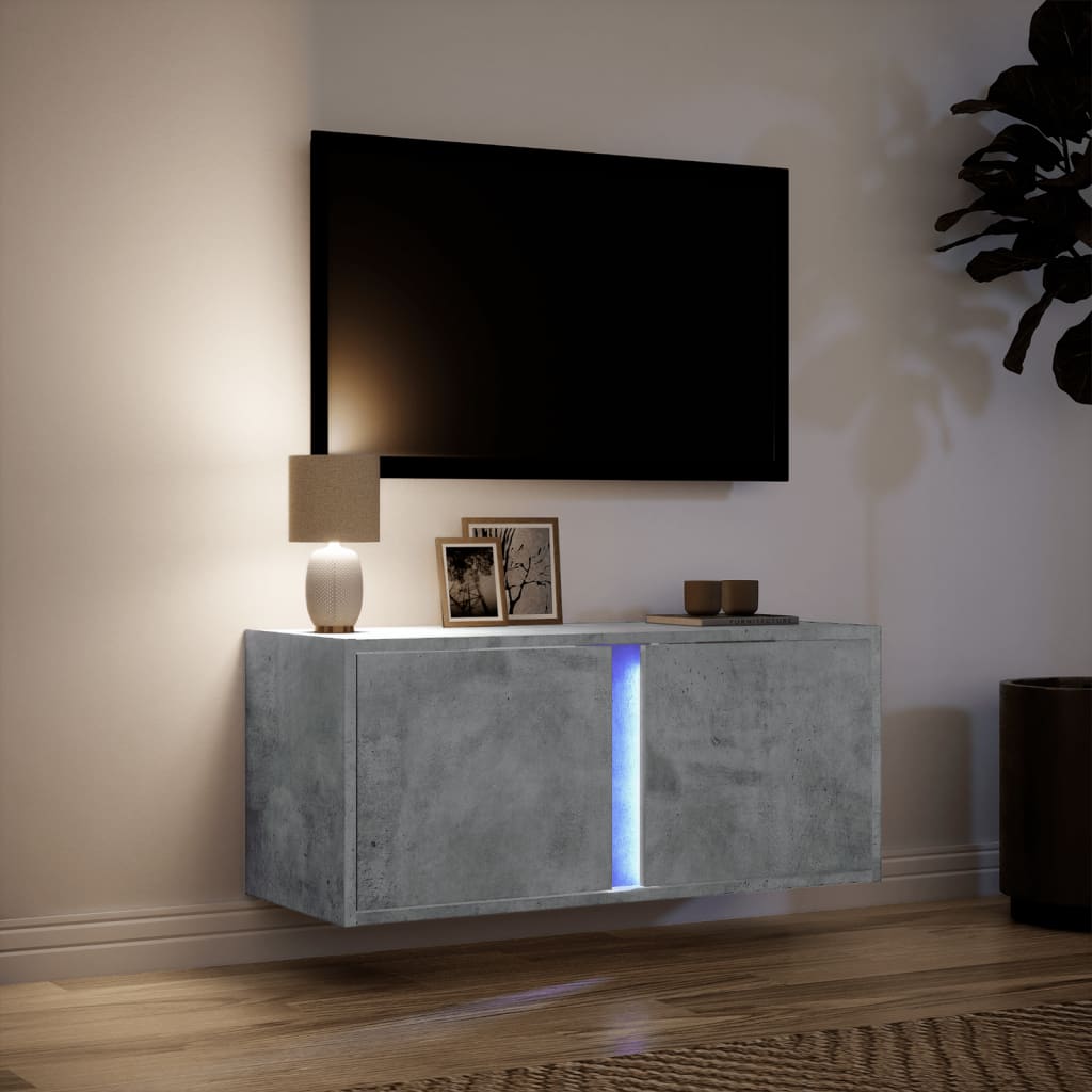 vidaXL TV Wall Cabinet with LED Lights Concrete Grey 80x31x35 cm