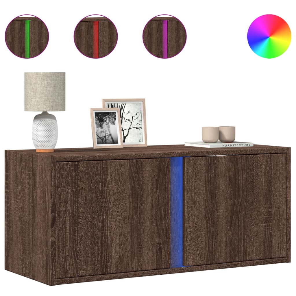 vidaXL TV Wall Cabinet with LED Lights Brown Oak 80x31x35 cm