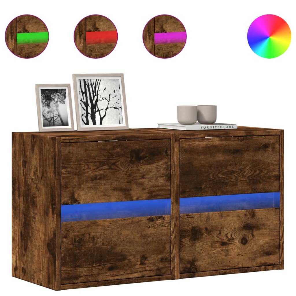 vidaXL TV Wall Cabinets with LED Lights 2 pcs Smoked Oak 41x31x45 cm