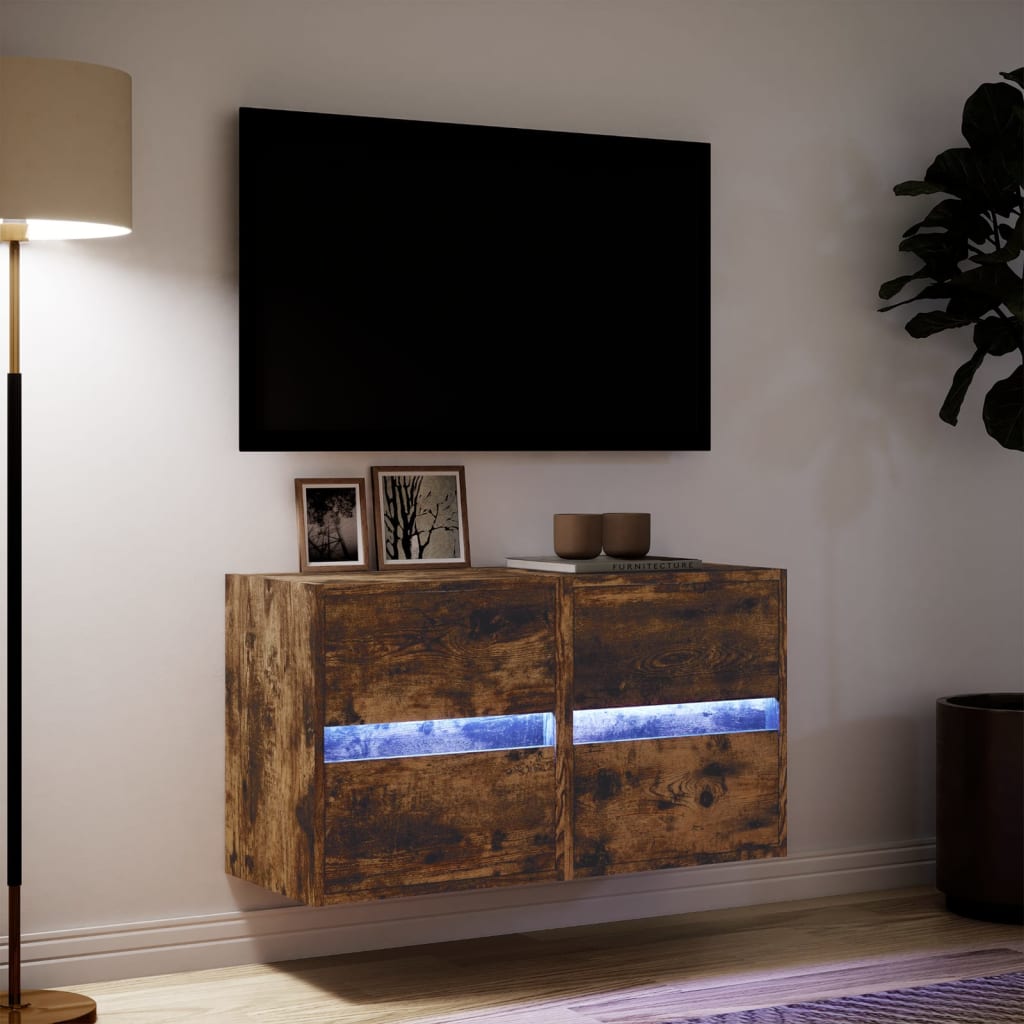 vidaXL TV Wall Cabinets with LED Lights 2 pcs Smoked Oak 41x31x45 cm
