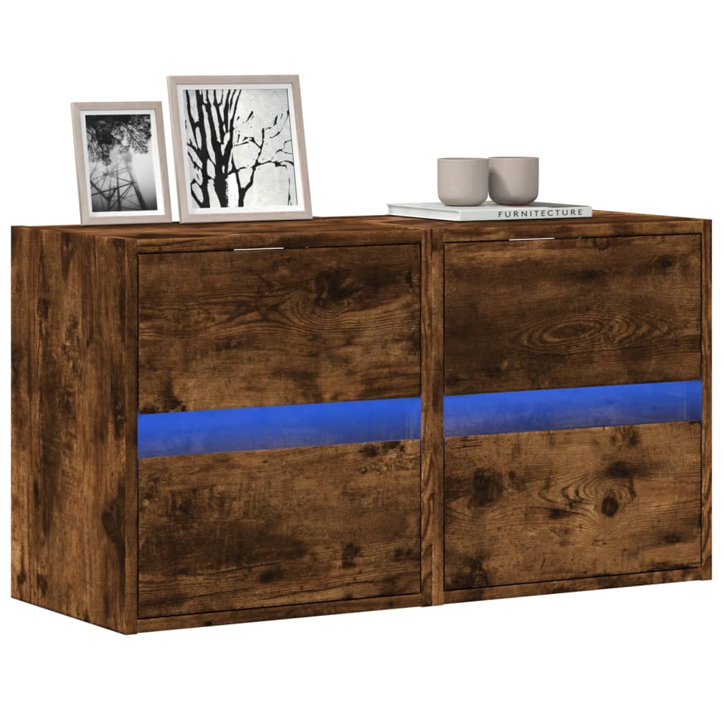 vidaXL TV Wall Cabinets with LED Lights 2 pcs Smoked Oak 41x31x45 cm
