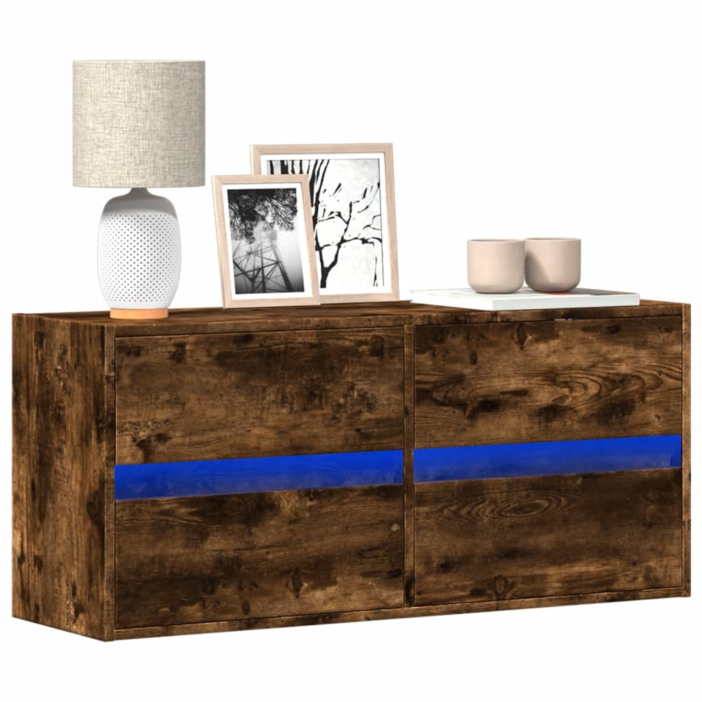 vidaXL TV Wall Cabinet with LED Lights Smoked Oak 100x31x45 cm