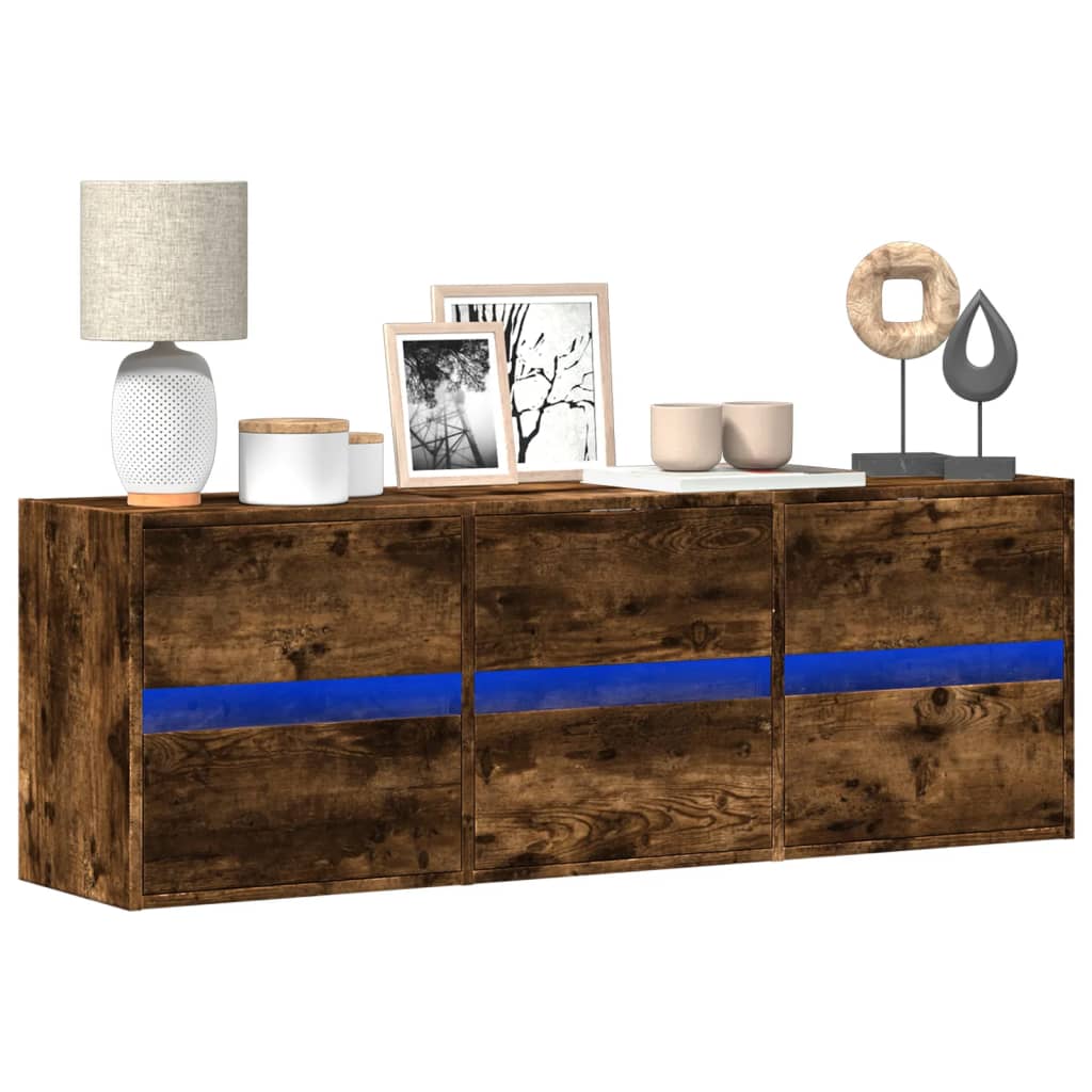 vidaXL TV Wall Cabinet with LED Lights Smoked Oak 130x31x45 cm