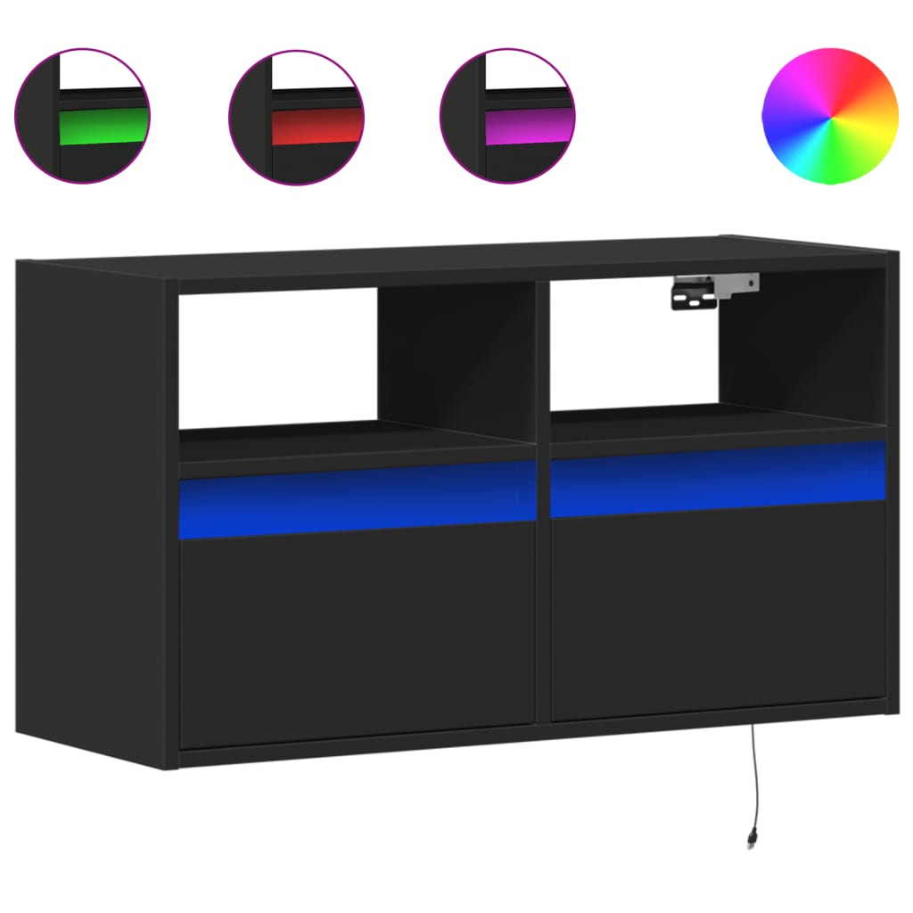 vidaXL TV Wall Cabinet with LED Lights Black 80x31x45 cm