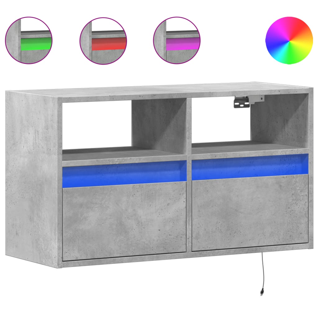 vidaXL TV Wall Cabinet with LED Lights Concrete Grey 80x31x45 cm