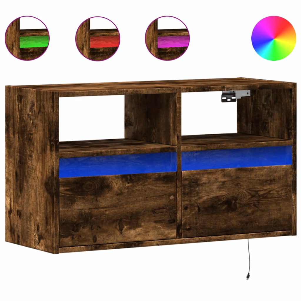 vidaXL TV Wall Cabinet with LED Lights Smoked Oak 80x31x45 cm