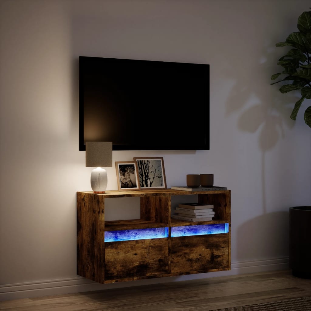 vidaXL TV Wall Cabinet with LED Lights Smoked Oak 80x31x45 cm