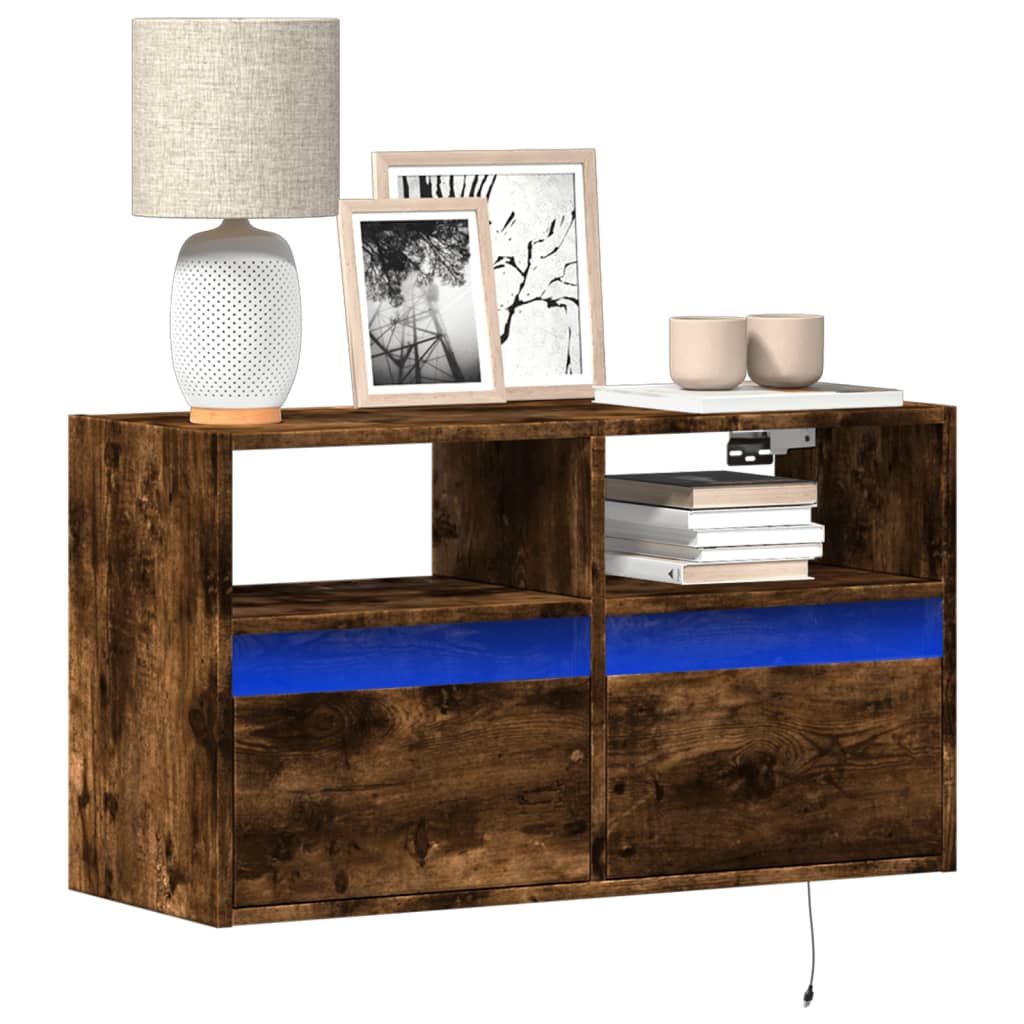 vidaXL TV Wall Cabinet with LED Lights Smoked Oak 80x31x45 cm