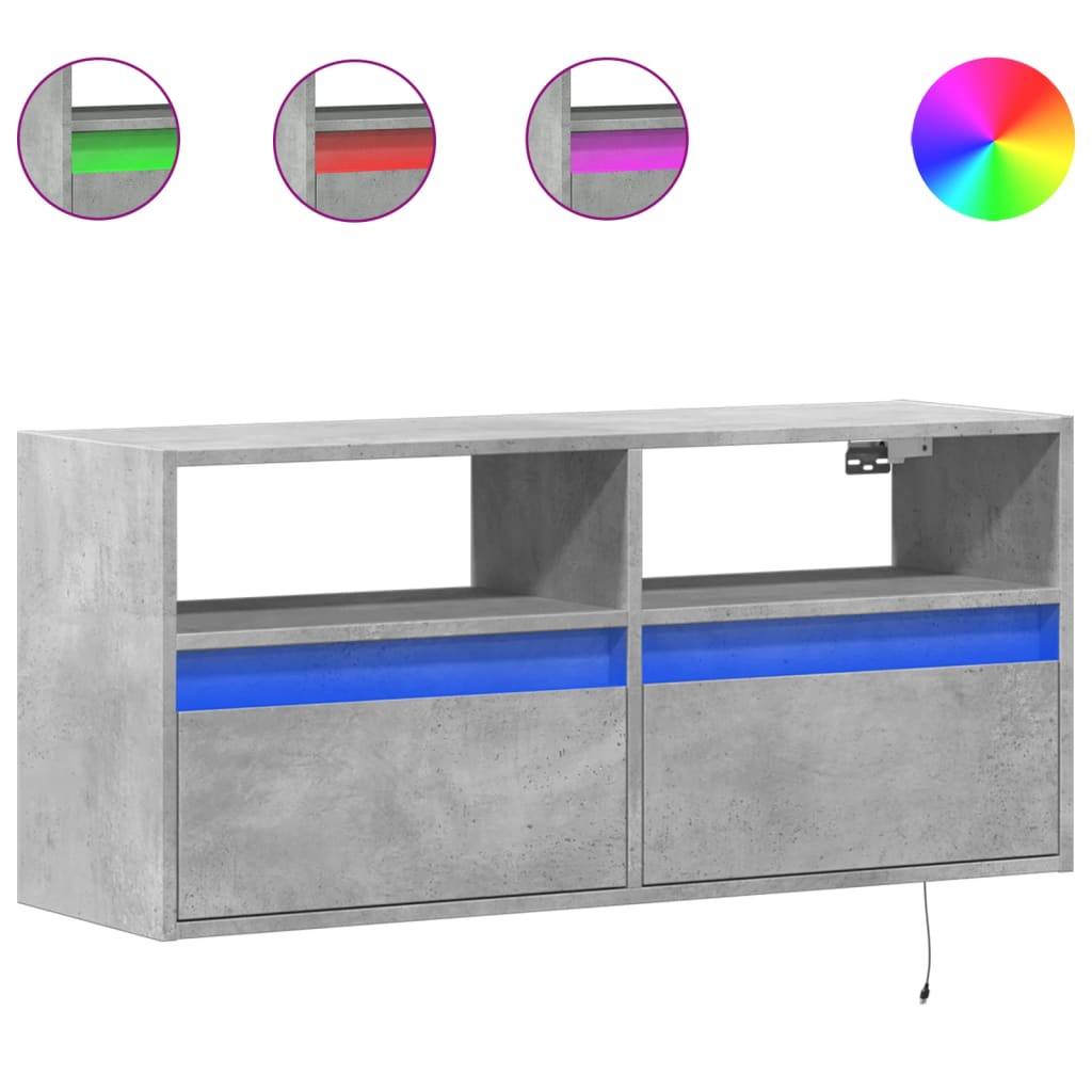vidaXL TV Wall Cabinet with LED Lights Concrete Grey 100x31x45 cm