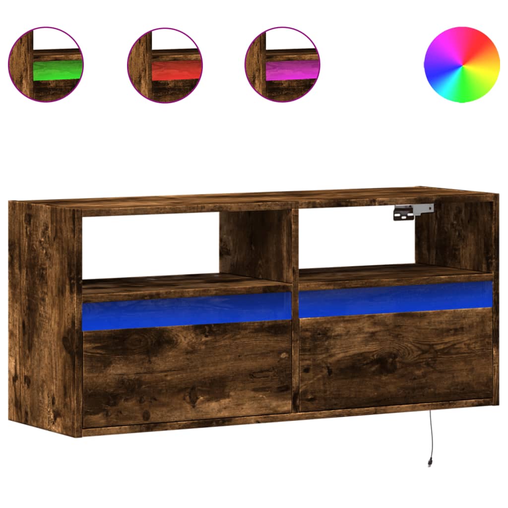 vidaXL TV Wall Cabinet with LED Lights Smoked Oak 100x31x45 cm