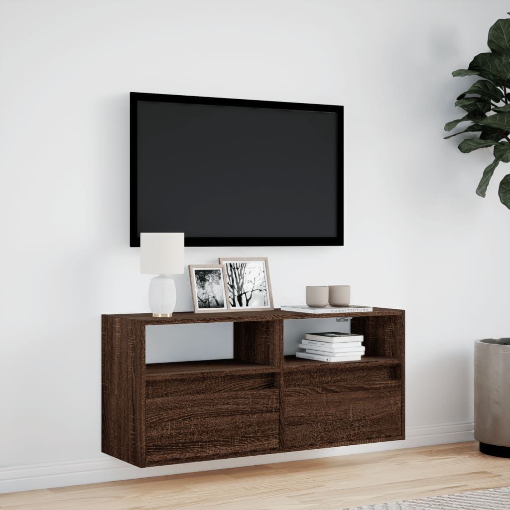 vidaXL TV Wall Cabinet with LED Lights Brown Oak 100x31x45 cm