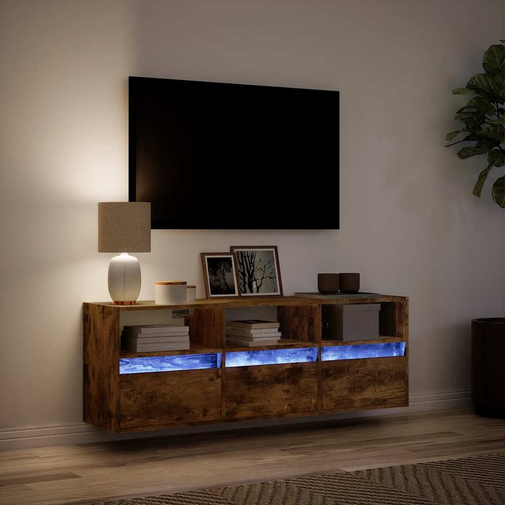 vidaXL TV Wall Cabinet with LED Lights Smoked Oak 130x31x45 cm