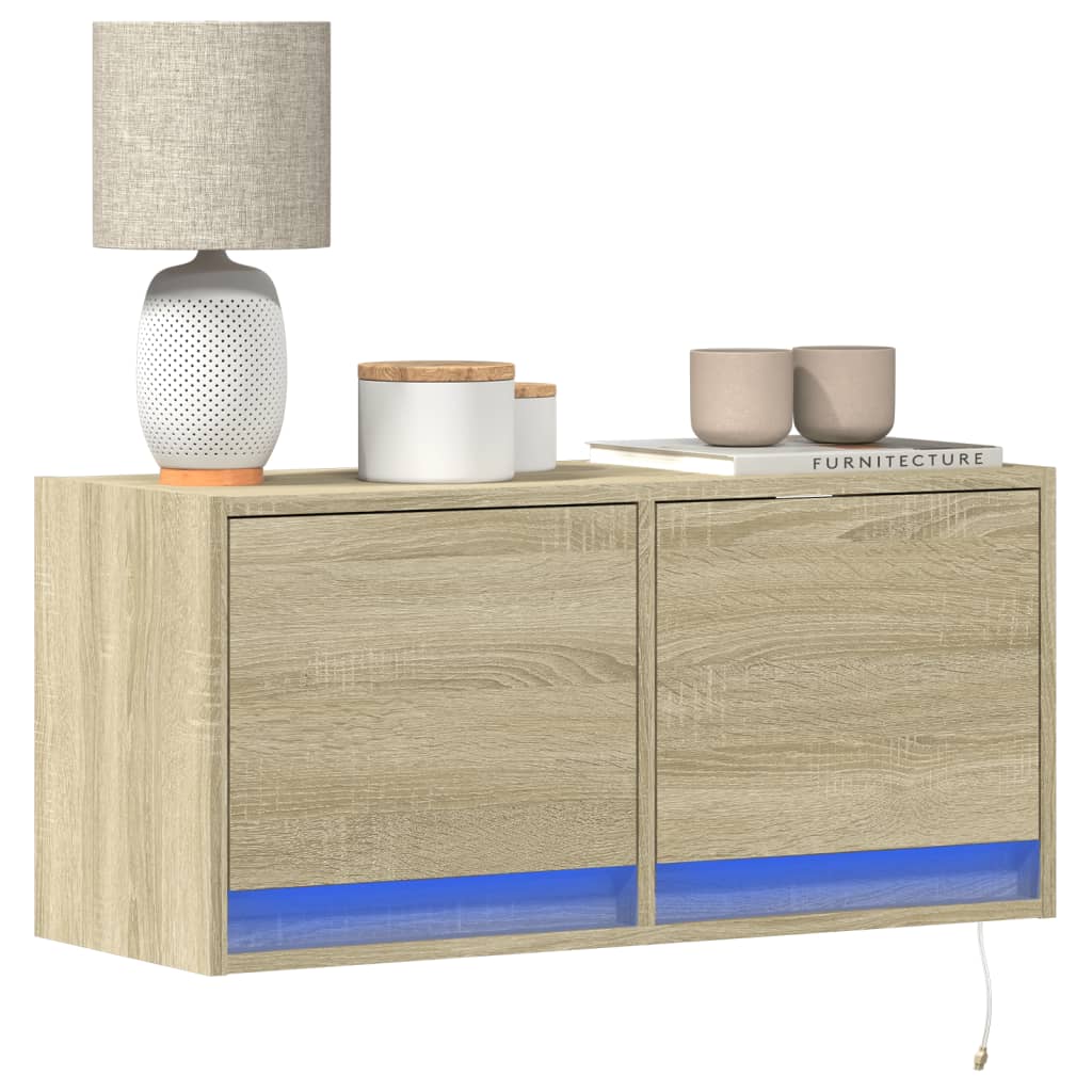 vidaXL TV Wall Cabinet with LED Lights Sonoma Oak 80x31x35 cm