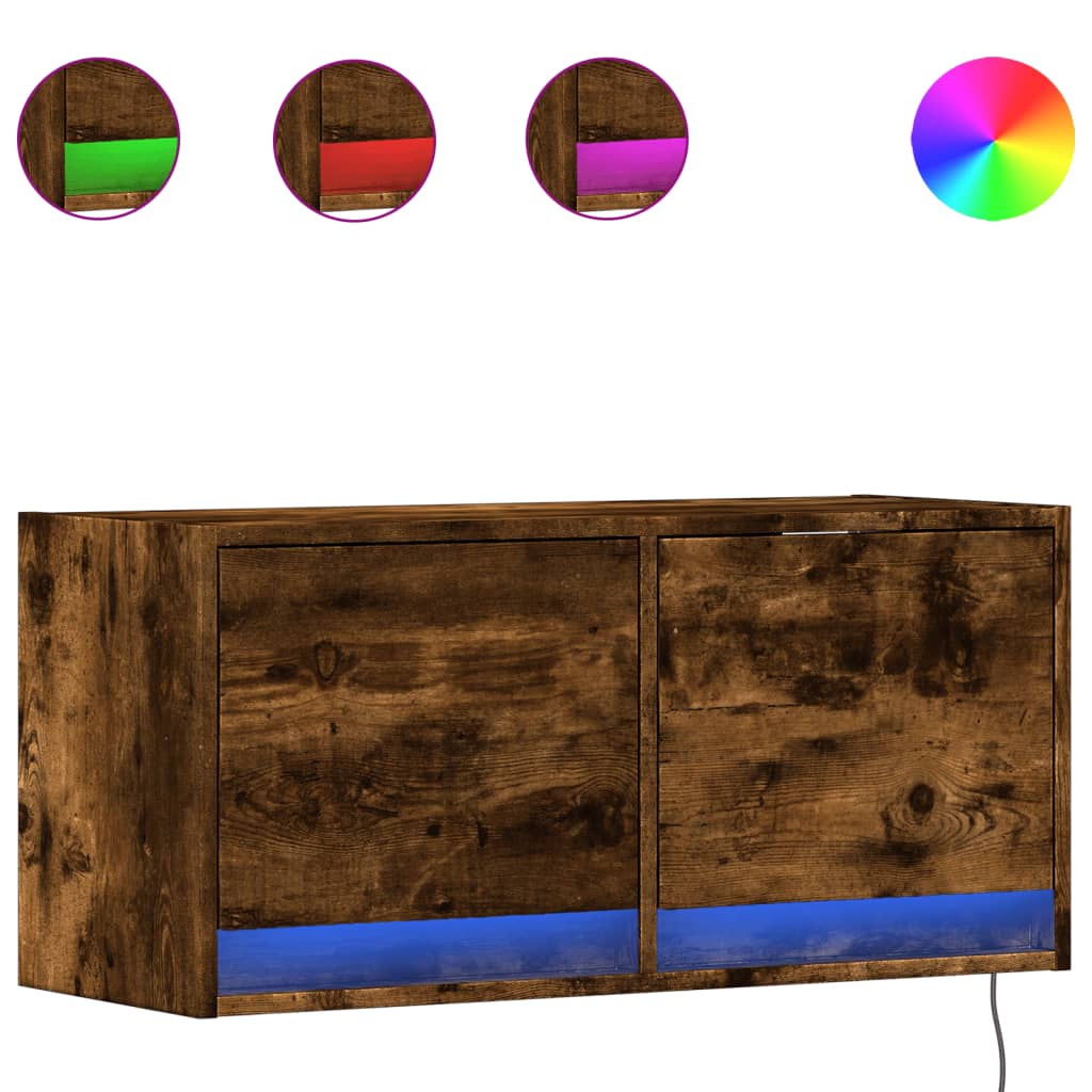 vidaXL TV Wall Cabinet with LED Lights Smoked Oak 80x31x35 cm