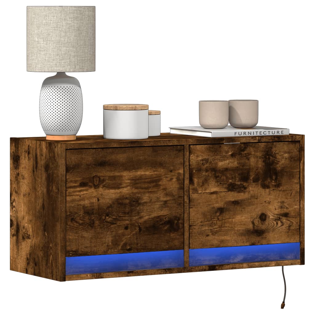 vidaXL TV Wall Cabinet with LED Lights Smoked Oak 80x31x35 cm