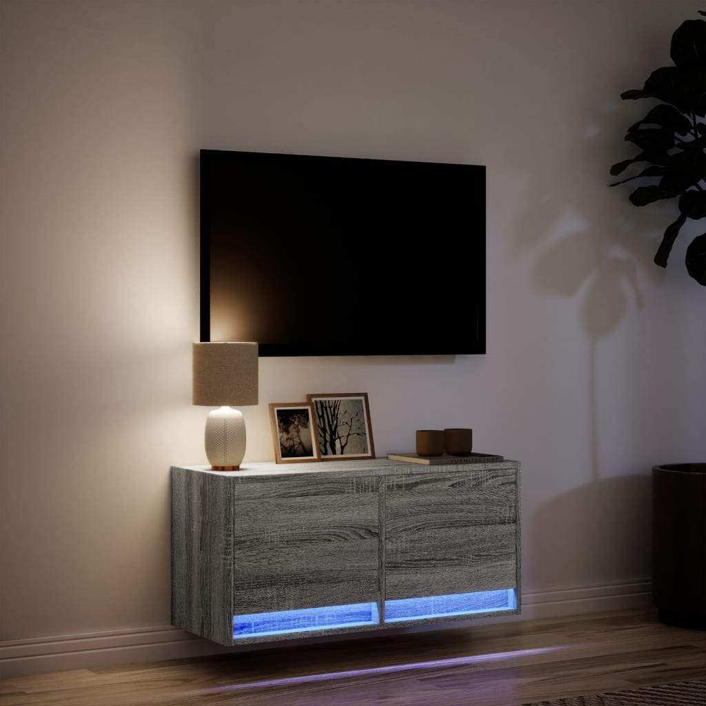 vidaXL TV Wall Cabinet with LED Lights Grey Sonoma 80x31x35 cm