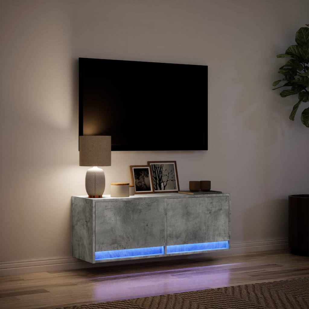 vidaXL TV Wall Cabinet with LED Lights Concrete Grey 100x31x35 cm