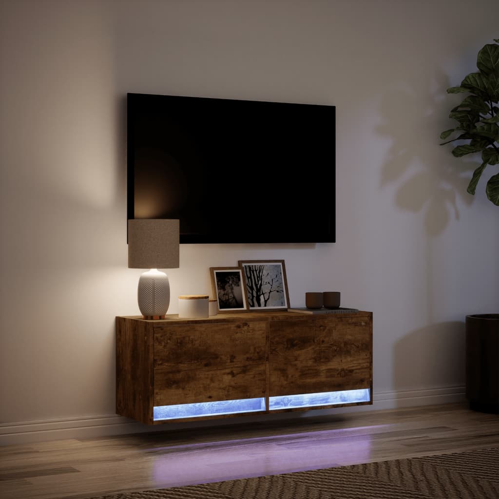 vidaXL TV Wall Cabinet with LED Lights Smoked Oak 100x31x35 cm