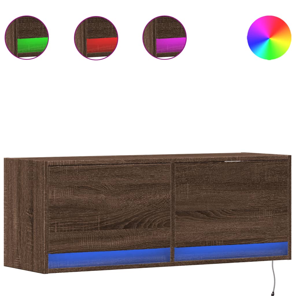 vidaXL TV Wall Cabinet with LED Lights Brown Oak 100x31x35 cm