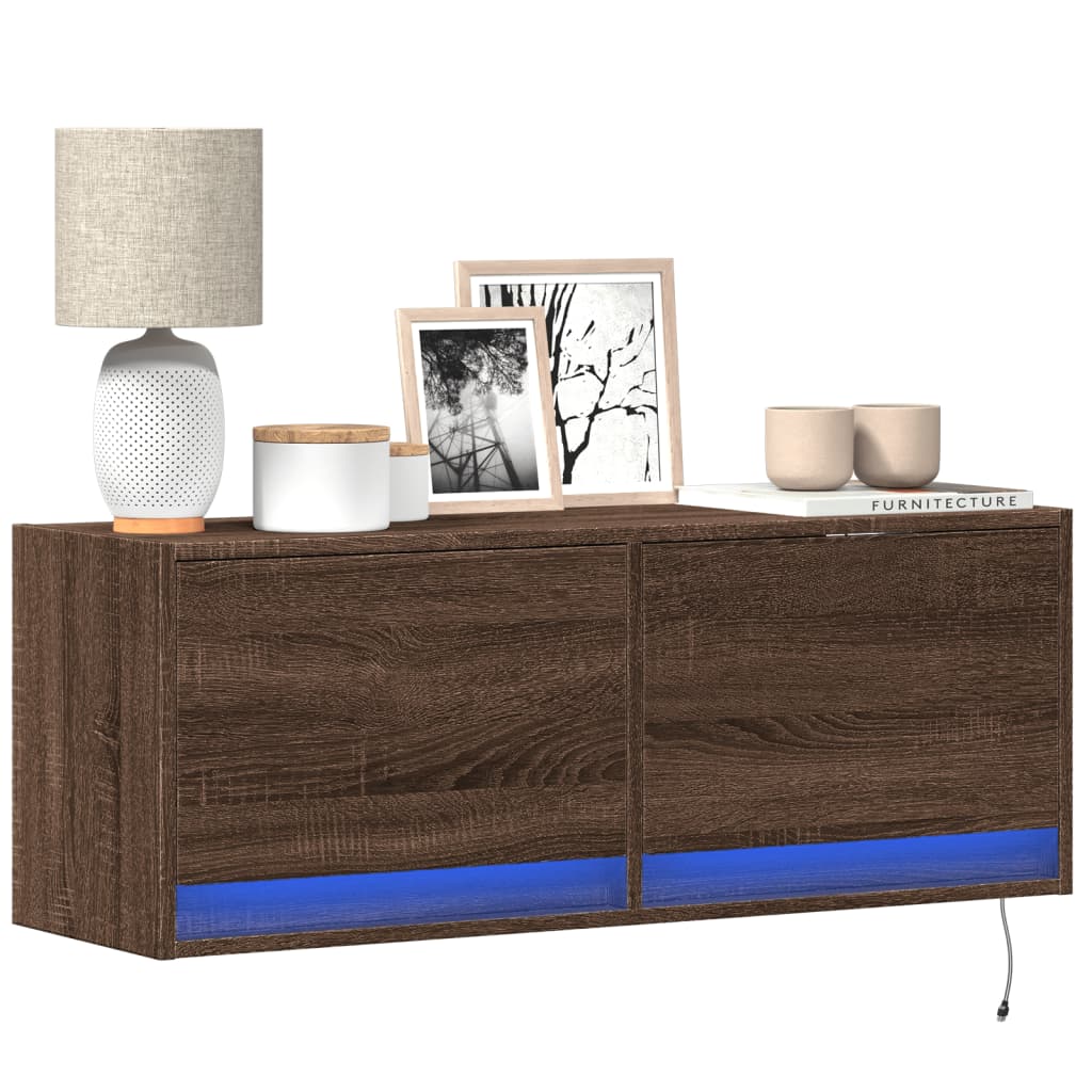 vidaXL TV Wall Cabinet with LED Lights Brown Oak 100x31x35 cm