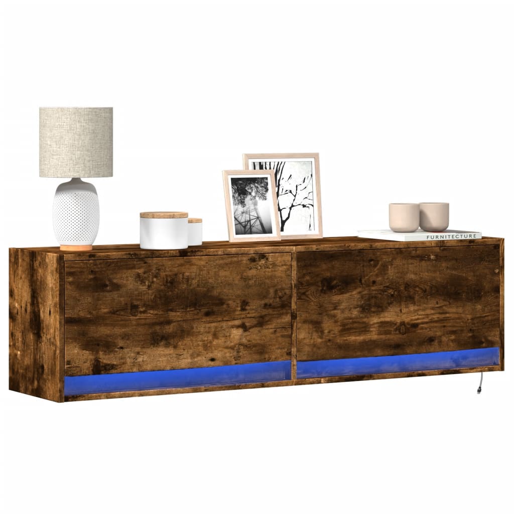vidaXL TV Wall Cabinet with LED Lights Smoked Oak 140x31x38 cm