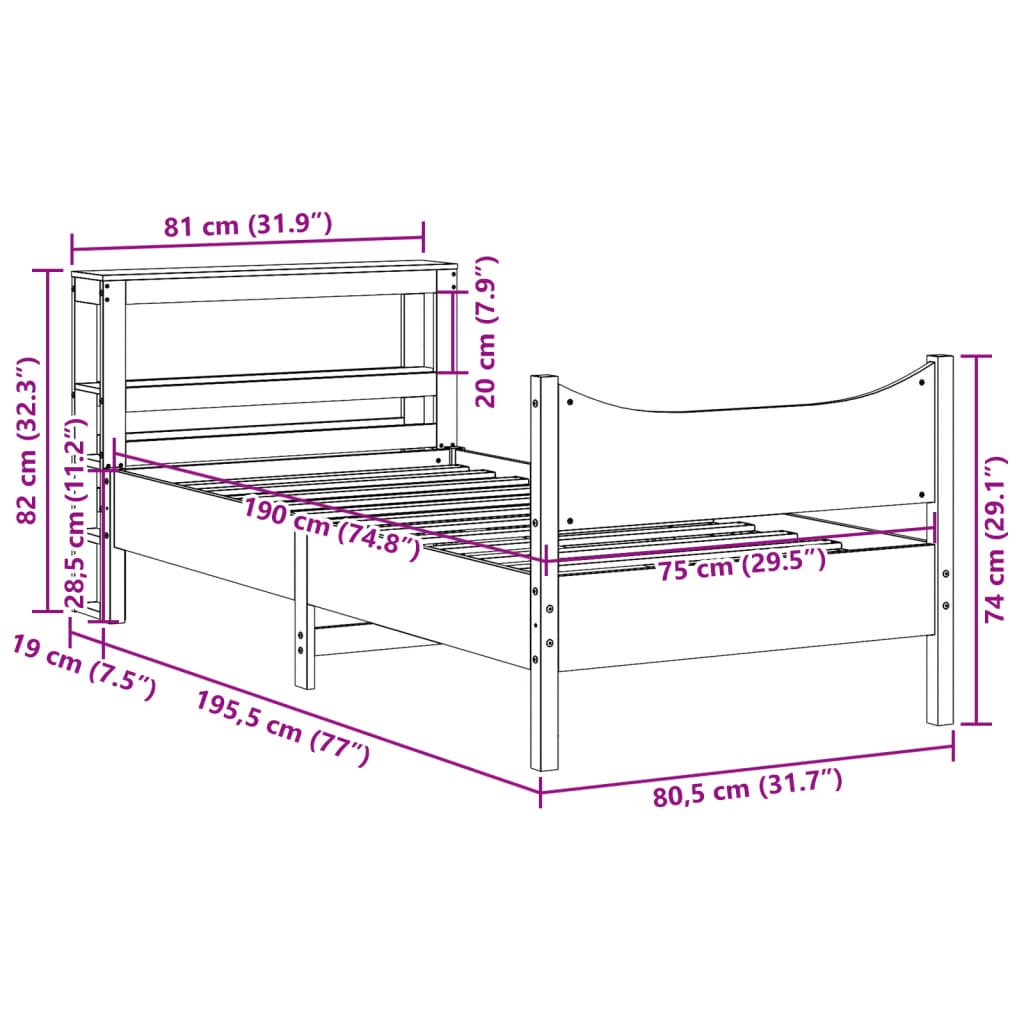 vidaXL Bed Frame with Headboard Wax Brown 75x190 cm Small Single Solid Wood Pine