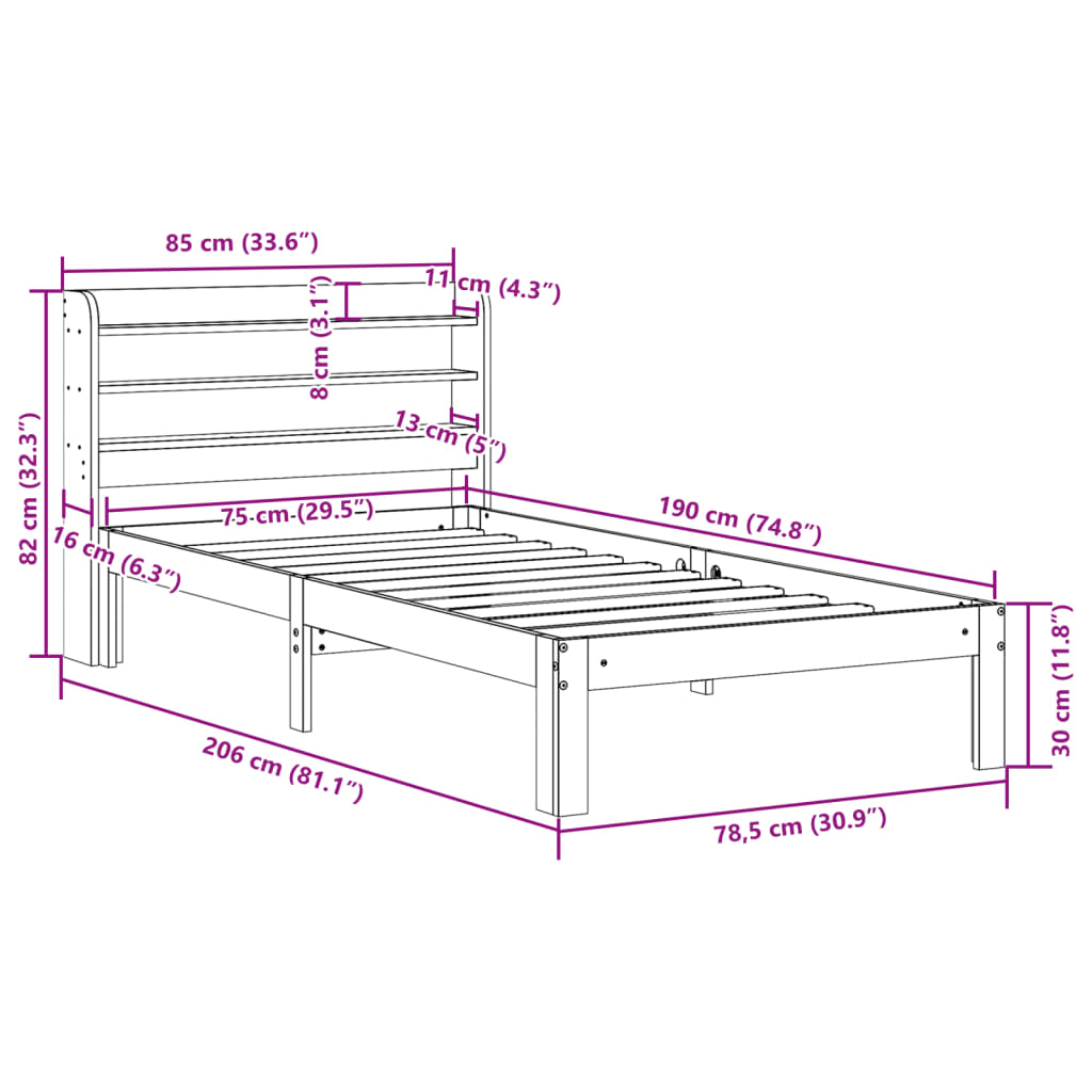 vidaXL Bed Frame with Headboard without Mattress White 75x190 cm Small Single