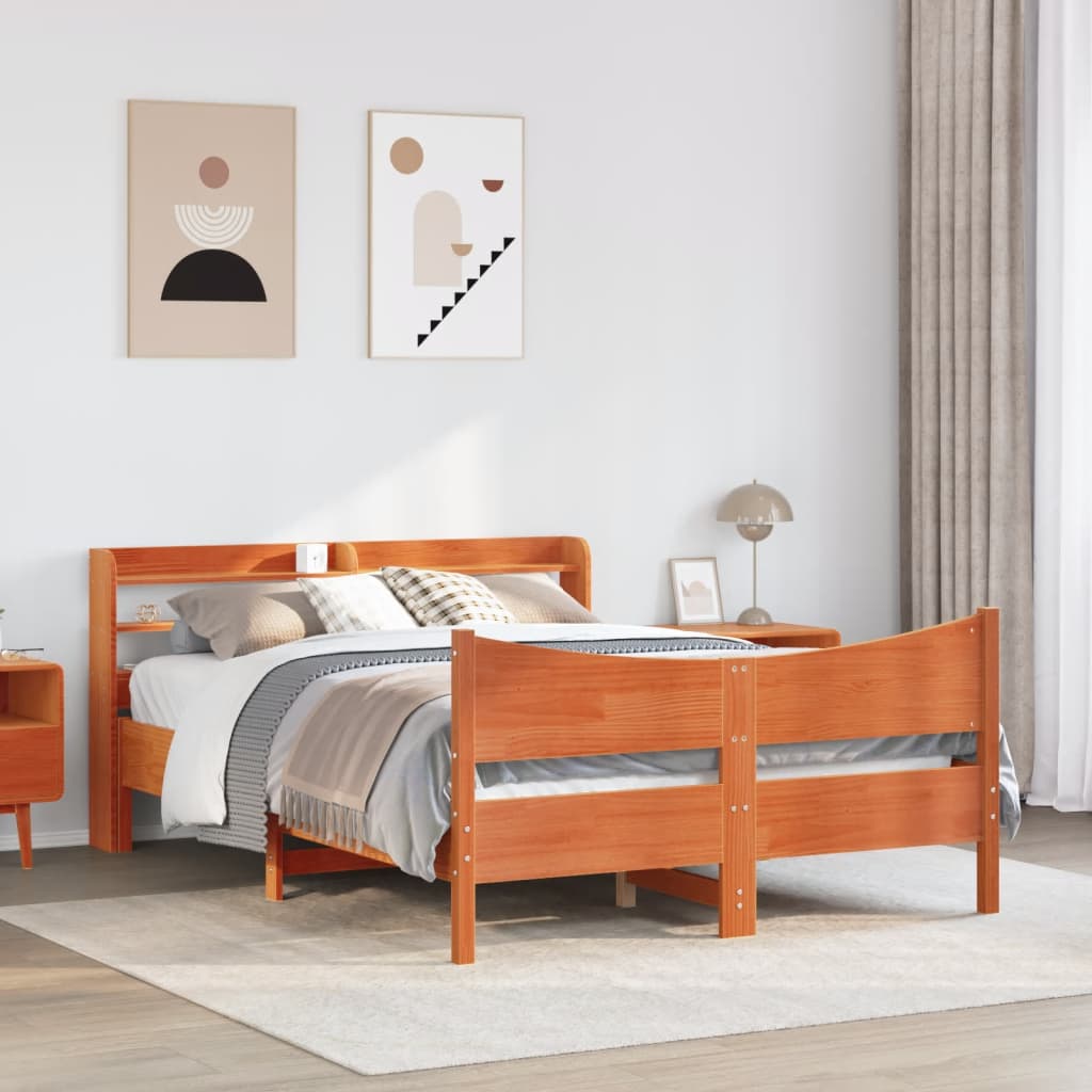 vidaXL Bed Frame with Headboard Wax Brown 140x190 cm Solid Wood Pine