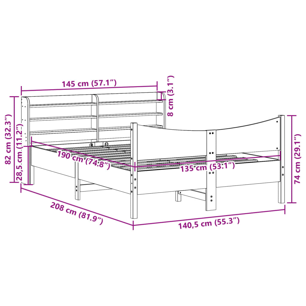 vidaXL Bed Frame with Headboard 135x190 cm Double Solid Wood Pine