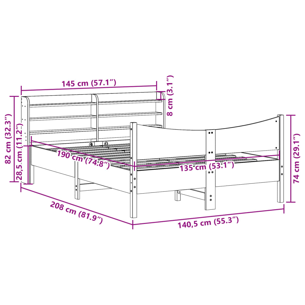 vidaXL Bed Frame with Headboard White 135x190 cm Double Solid Wood Pine